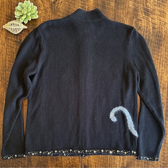 Coldwater Creek | Black Zip Cardigan w/Bejeweled/Sequinned Cat Graphics, Size 1X - Picture 2 of 10